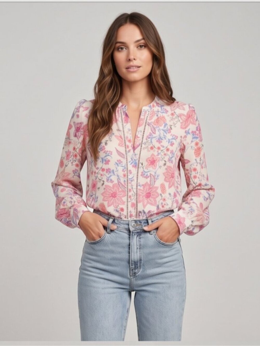 Bohemian Floral V-Neck Button-Down Blouse with Ladder Lace Detail